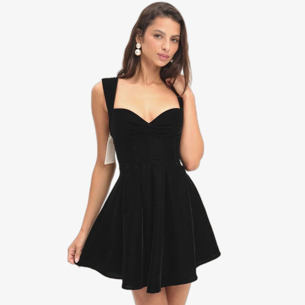 SHIPS TODAY! For Love & Lemons August Black Velvet Mini Dress White Bows XS NWT